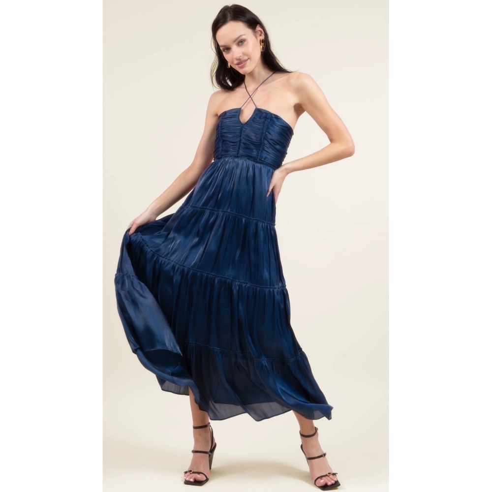 Few Moda O.P.T. Navy Blue Tiered Maxi Dress Ruched Smocked Back T22WDR12420